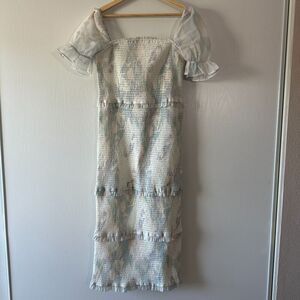 Luba by‎ Hannah Payne Luna Dress Blue Purple Marble Puff Sheer Sleeve Smocked L